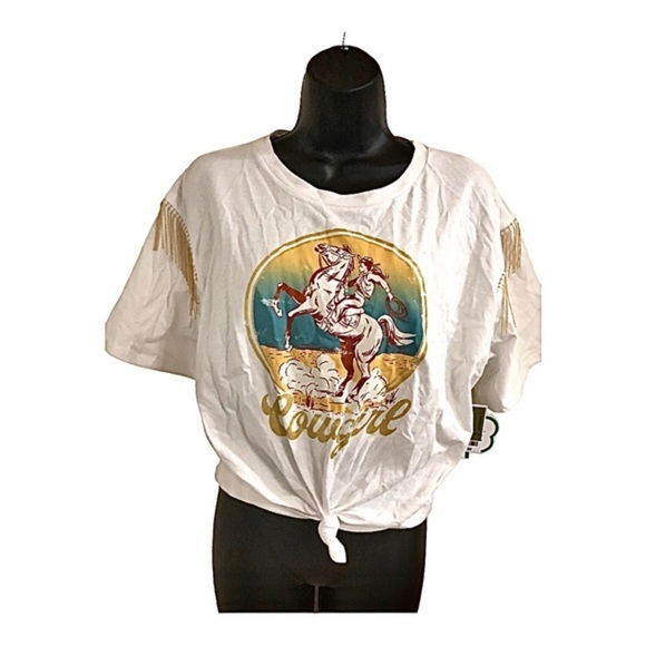 Rodeo Cowgirl gold fringe tassels White Cotton tee shirt size medium new - Picture 2 of 11